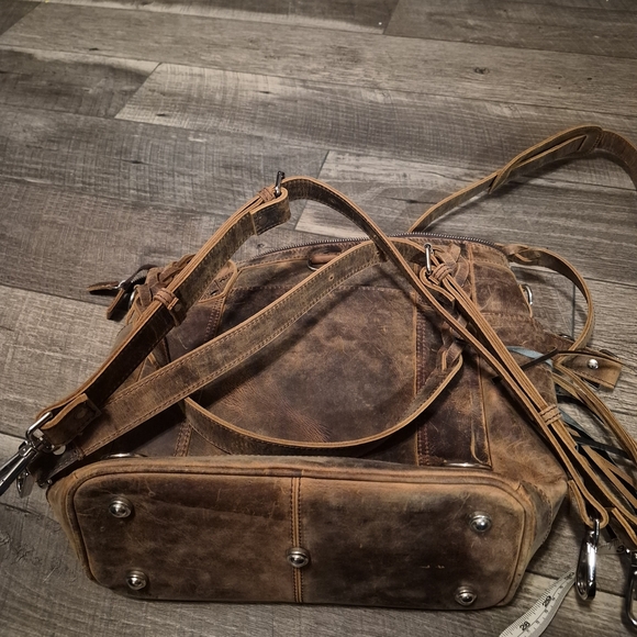 Distressed Leather Artisan Patterned Brown and Black Shoulder Bag - Picture 11 of 14